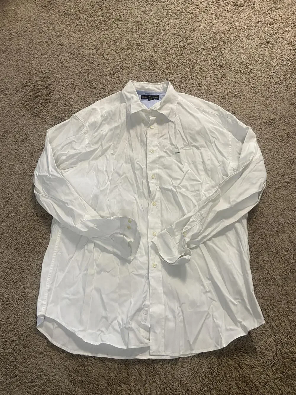 Tommy Hilfiger Golf Shirt Mens XL White Solid Long Sleeve Button Up Pocket Logo